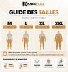 Guide des tailles KneeFlex : M 45-65 kg, L 65-85 kg, XL 85-105 kg, XXL 105-125 kg