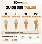 Guide des tailles KneeFlex : M 45-65 kg, L 65-85 kg, XL 85-105 kg, XXL 105-125 kg